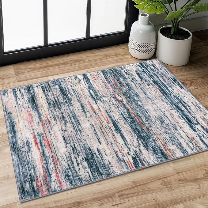 2x3 Modern Abstract Rug for Entryway, Teal Blue Peach Gray Multi Super Soft by SiiloomRug