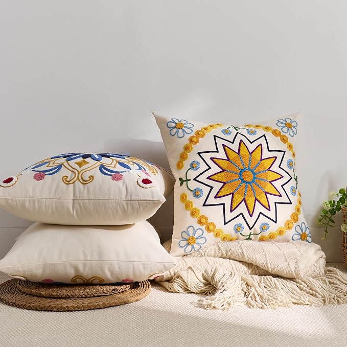 Embroidered Throw Pillow Cover 20x20 Classic Boho Floral Pattern Pillows Cover - Image 6