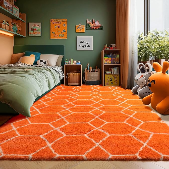 ONASAR Rugs for Living Room Bedroom, 5x8 Washable Fluffy Orange and White Area - Image 7
