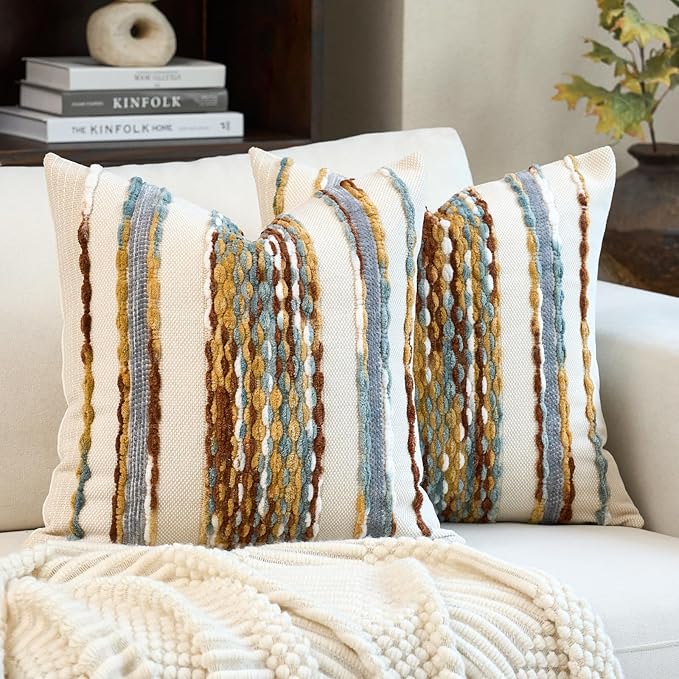 Aeckself Boho Pillow Covers 18x18 Inch Set of 2, Farmhouse Decorative Striped by AECKSELF