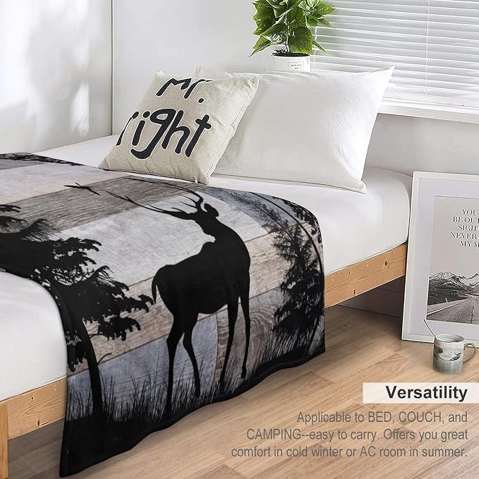 Rustic Deer Throw Blanket, Retro Cabin Farmhouse Country Lodge Blue Brown - Image 5