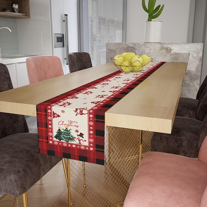 Merry Christmas Table Runner, Snowman Deer Elk Christmas Tree Table Runners - Image 7