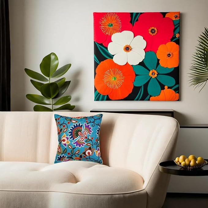 Turquoise Floral Pillow Cover Modern Flower Pillowcase Floral Hand Embroidered - Image 8