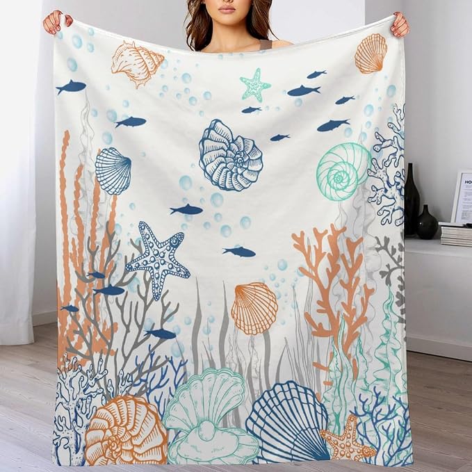 Nautical Coastal Blanket, Starfish Seashell Coral Beach Themed Drapes Ocean - Image 8