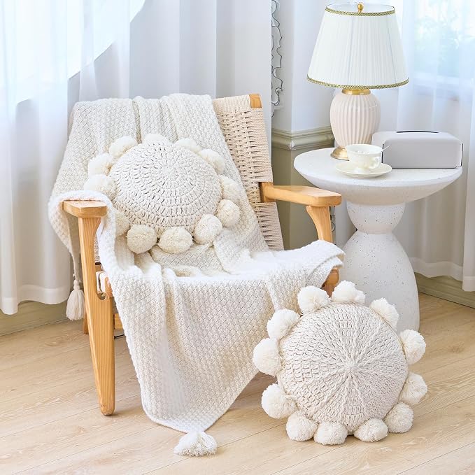 Beige 14 Inch Boho Round Throw Pillow, Cute Throw Pillow - Image 6