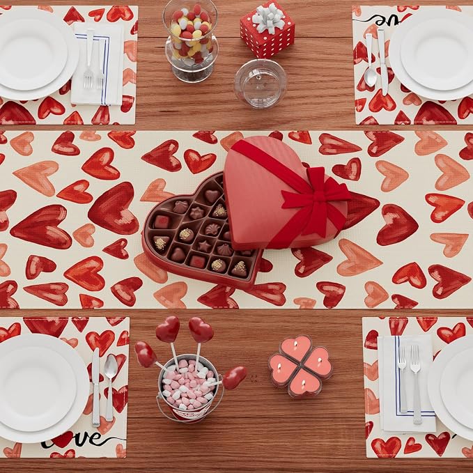 XCHI Watercolor Red Love Hearts Valentine’s Day Table Runner Table Decoration - Image 4