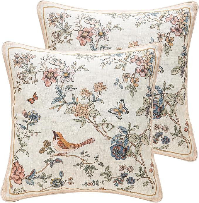 ISAENNE Design Square Floral Bird Linen Throw Pillow Covers 18"x18" Pack of 2 by Isaennehomedecoration