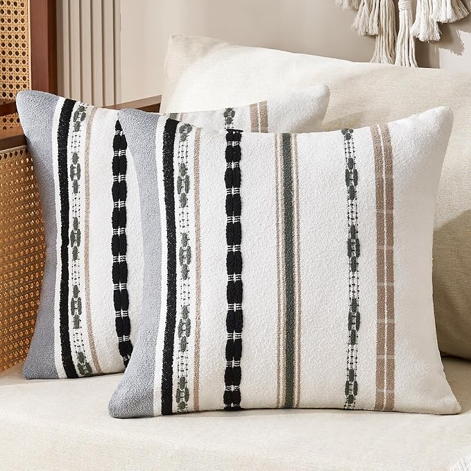 Boho Chenille Throw Pillow Covers 18x18 Inch Square Farmhouse Decorative Pillow by Wosendy