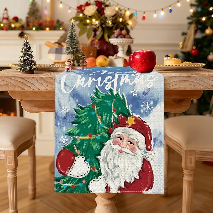 OTOSTAR Christmas Tree and Santa Claus Merry Christmas Table Runner, Xmas - Image 2