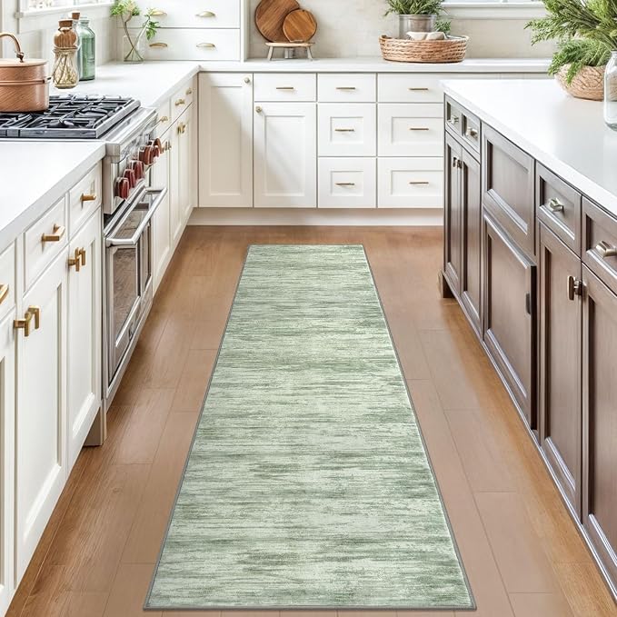 2x7 Modern Abstract Runner Rug for Hallways, Light Sage Green and Ivory Super - Image 3