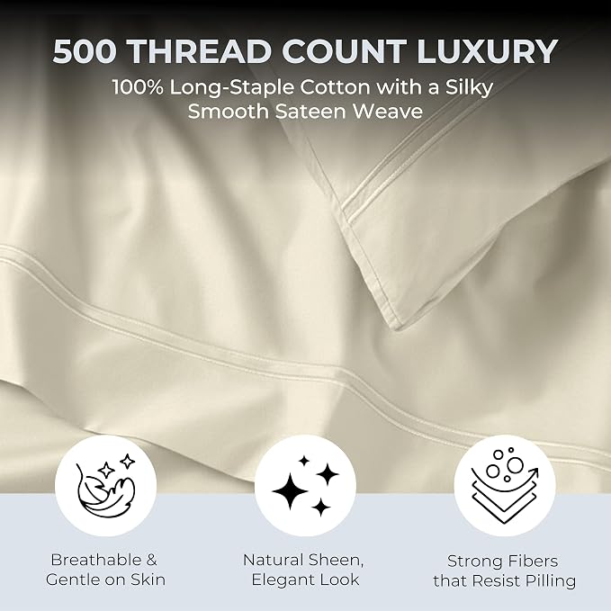 100% Natural Cotton Sheets Queen Size Bed Set | 500 TC Single-Ply Sateen Weave - Image 2