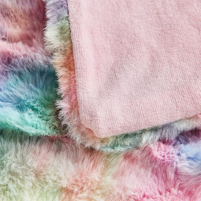 Lotus Karen King Size Faux Fur Blanket Rainbow - Image 6