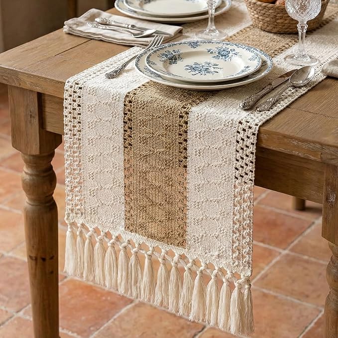 Boho Macrame Table Runner with Tassels Farmhouse Rustic Dining Woven Table by Xiomot
