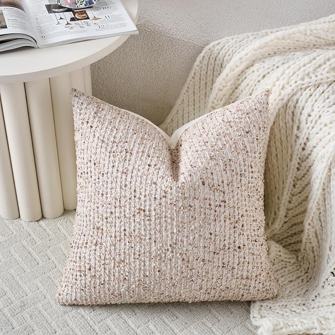 Striped Throw Pillow Covers 20x20 Set of 2 Beige Textured Boucle Chic Morden - Image 4