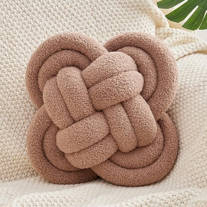 Xiashrk Knot Pillow Ball, Dark Khaki Knotted Plush Throw Pillow Handmade Square by Xiashrk