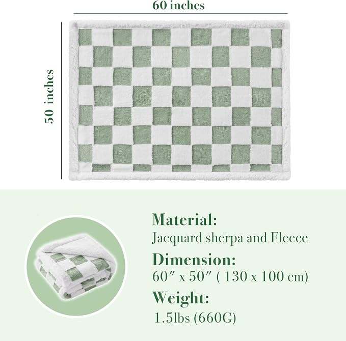 Checkered Dog Blanket, Sage Green Jacquard Sherpa Blankets - Image 5