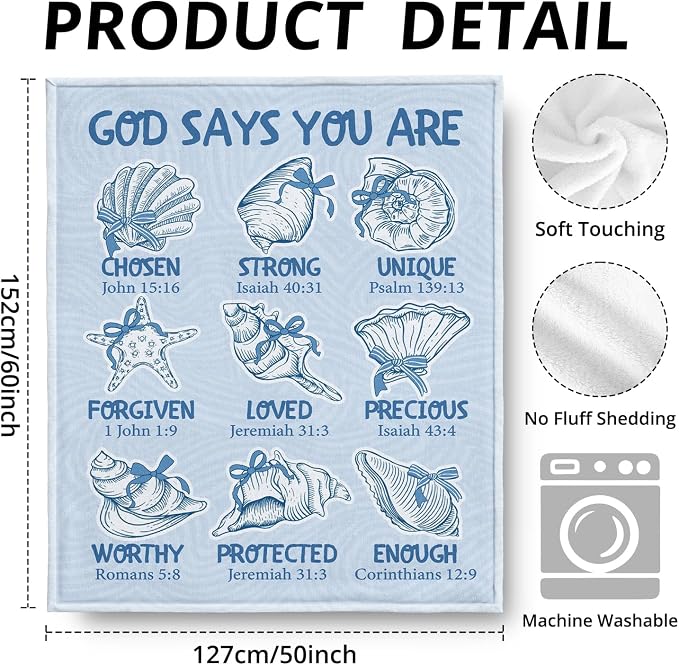 Blue Christian Blanket, God Says You are Bible Verse Preppy Beach Seashell - Image 3