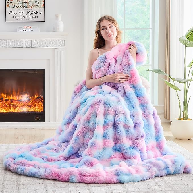 Lotus Karen Faux Fur Throw Blanket Tie-Dye Purple Rainbow by LotusKaren