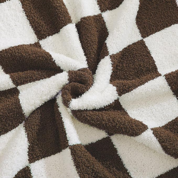 WRENSONGE Checkered Throw Blanket, Coffee Soft Cozy Fluffy Warm Hand Made Throw - Image 4