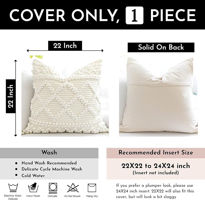 BlissBlush Pure White Decorative Throw Pillow Cover 22X22, Boho Accent Pillow - Image 3