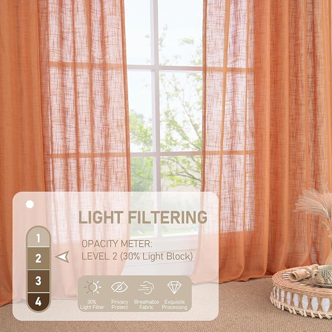 LAMIT Burnt Orange Sheer Linen Curtains, 80 inch Light Filtering Semi Sheer - Image 4