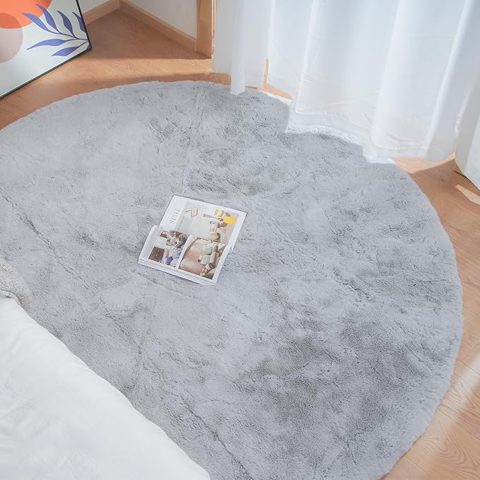 Grey Washable Fluffy Round Rugs 6ft Faux Bunny Fur Rugs - Image 2