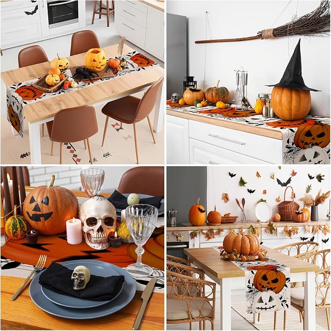 Happy Halloween Table Runner Pumpkin White Spider Web Fall Kitchen Dining Table - Image 5