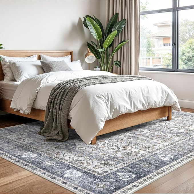 KUTA Vintage Floral Area Rug 6x9 Grey Blue, Washable Rugs - Image 3