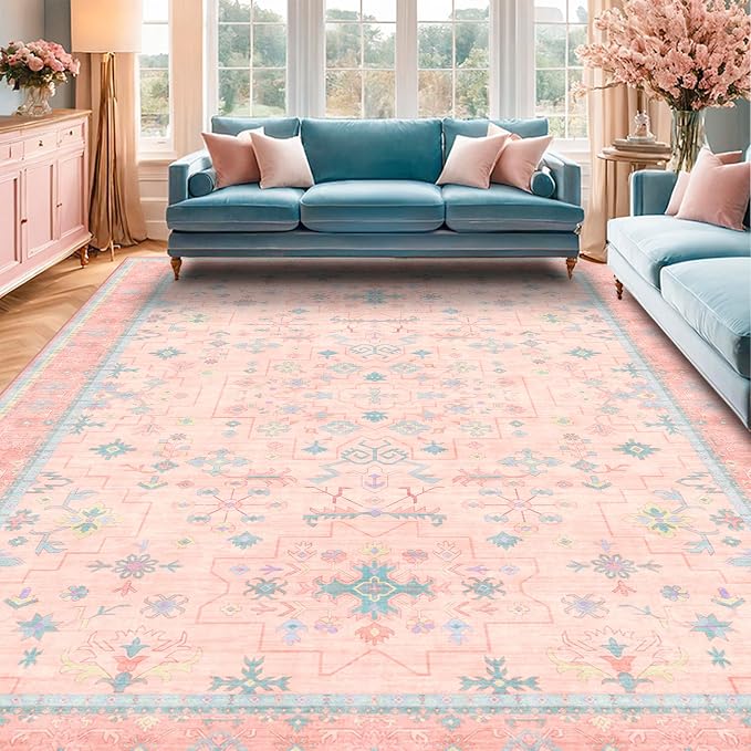 Washable Pink and Blue 9x12 Oushak Rugs - Image 3