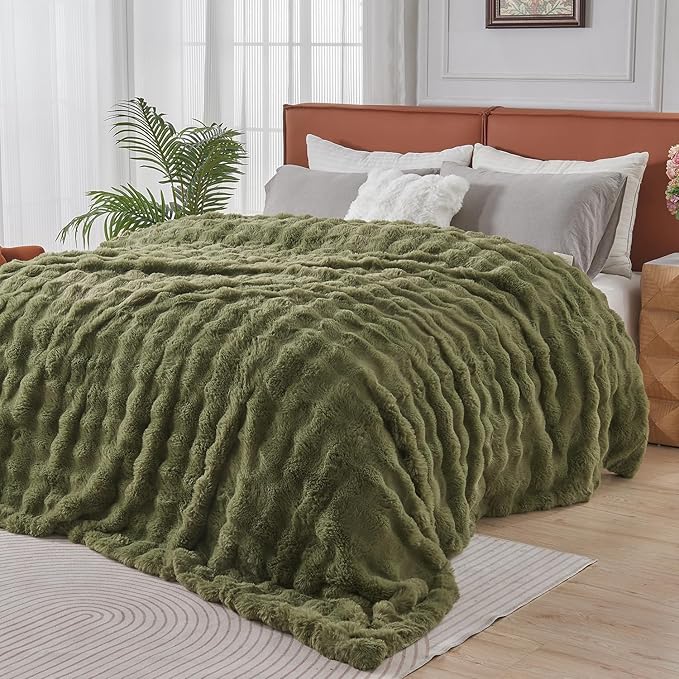 Lotus Karen Faux Fur Throw Blanket Dark Green by LotusKaren