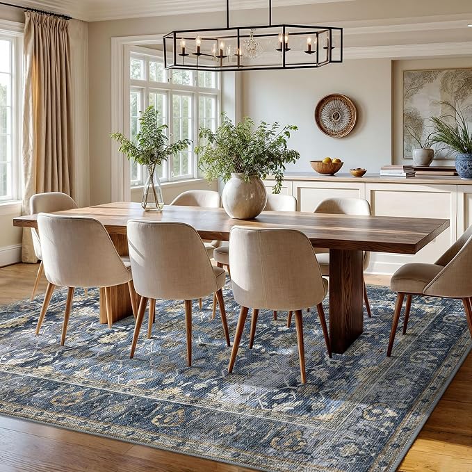 KUTA Floral Area Rugs for Living Room 8x10 Blue Grey Beige, Washable Large Rug - Image 3
