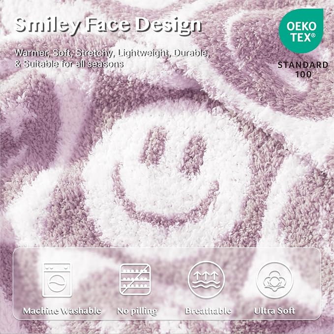 WRENSONGE Checkered Throw Blanket Lilac Smiling Face Soft Cozy Fluffy Warm Hand - Image 5