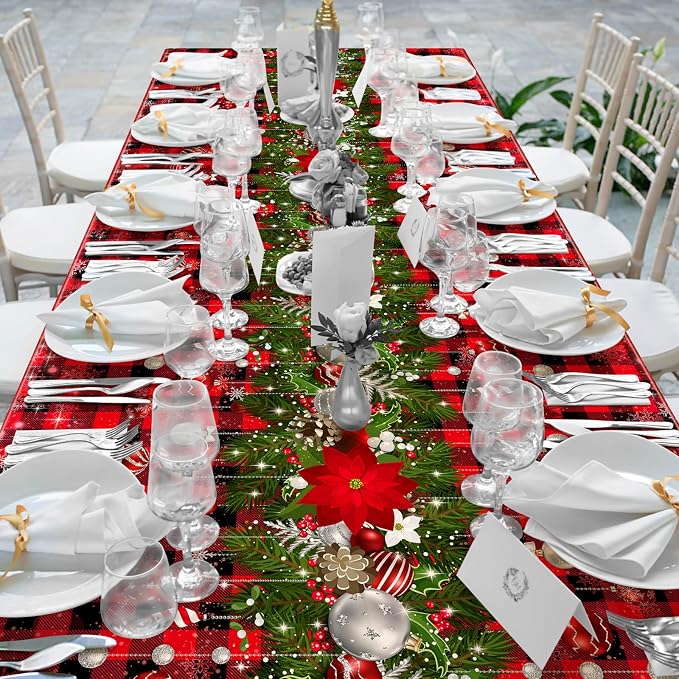 3Pcs Christmas Buffalo Plaid Snowflake Tablecloths, Plastic Red and Black - Image 6