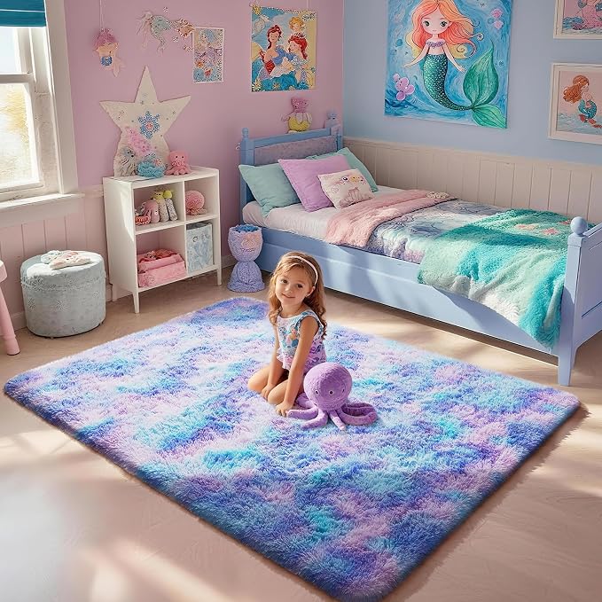 Ophanie Rainbow Purple Rug for Bedroom Girls, Kids Fluffy Kawaii Fuzzy Furry - Image 3
