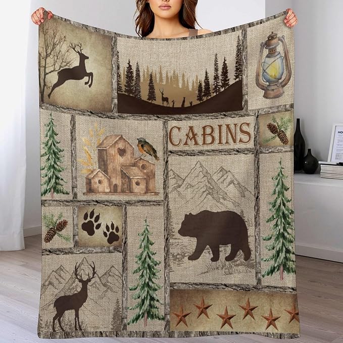 Rustic Cabin Bear Blanket, Lake Country Lodge Bear Deer Forest Farmhouse Camp - Image 8