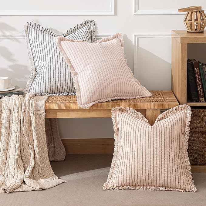 MIULEE Pack of 2 Pink Pillow Covers 20x20 Inch Striped Farmhouse Couch Spring - Image 5