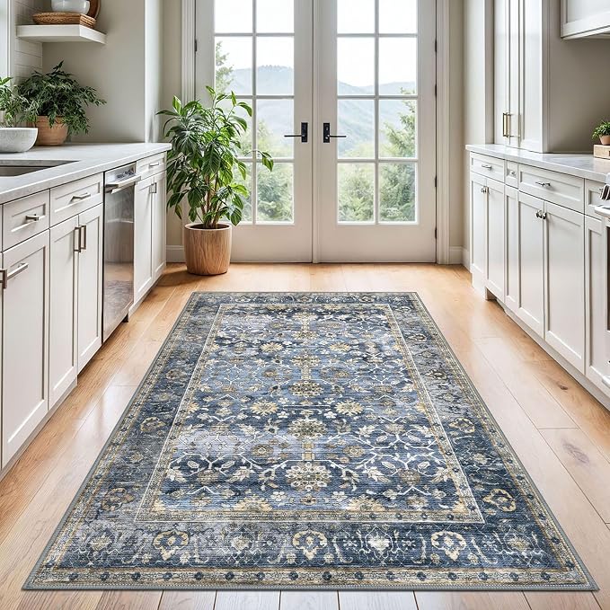 KUTA Vintage Area Rug 4x6 Washable Rug Blue Grey Beige Traditional Floor Cover - Image 3