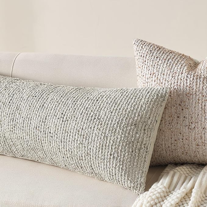 Decorative Lumbar Pillow Cover 14x36 Cream Gray Striped Wool Long Body Pillow - Image 4