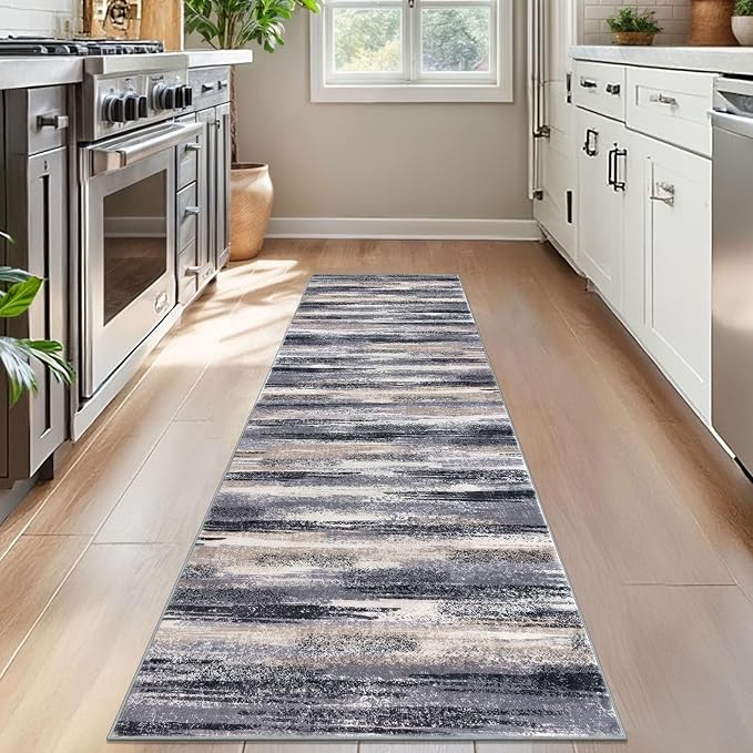 Modern Abstract Bedroom Runner Rug 2x7, Non-Slip Soft Thin Faux Wool Mat - Image 2