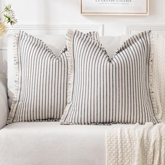 MIULEE Pack of 2 Navy Blue Pillow Covers 18x18 Inch Striped Farmhouse Couch by MIULEE