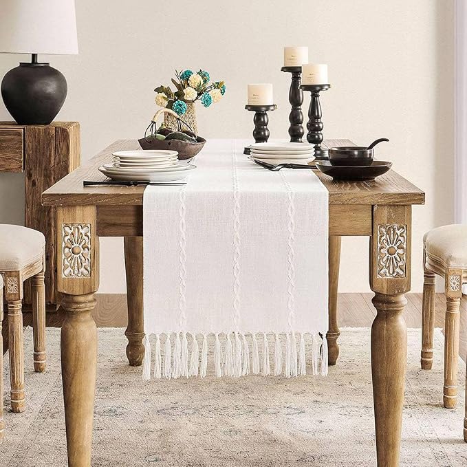 ZeeMart Farmhouse Braided Striped Table Runner, Rustic Ivory Table Runners 108 by ZEEMARTONLINE