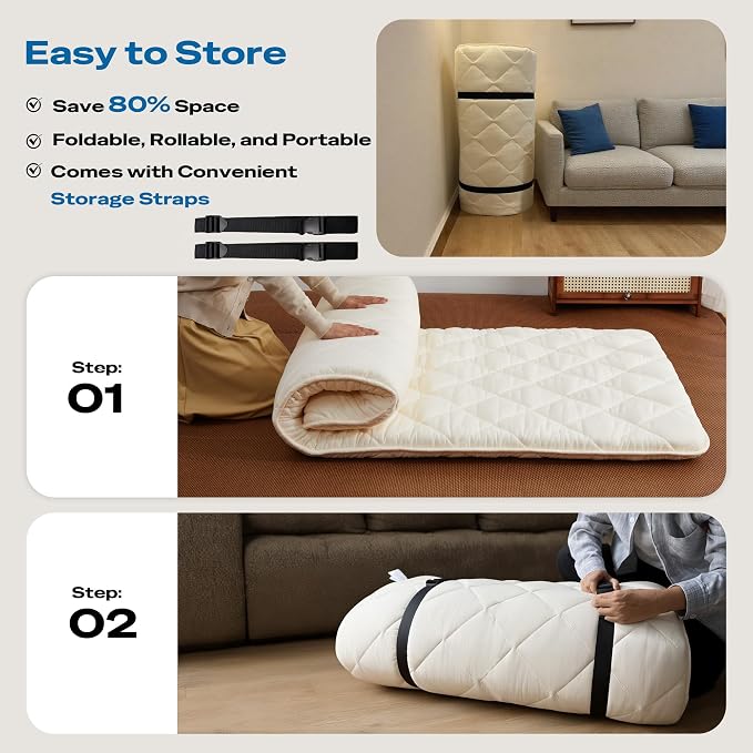 Aircliff Japanese Floor Futon Mattress Queen Size, Roll Up Tatami Mat, Sleeping - Image 6
