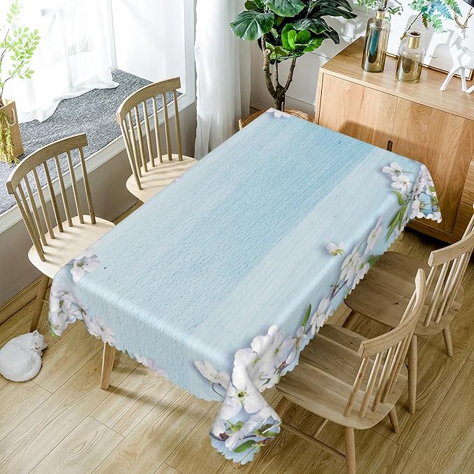 54x70inches Blue Wooden Rectangle Tablecloth Cherry Blossom Flowers Border - Image 5
