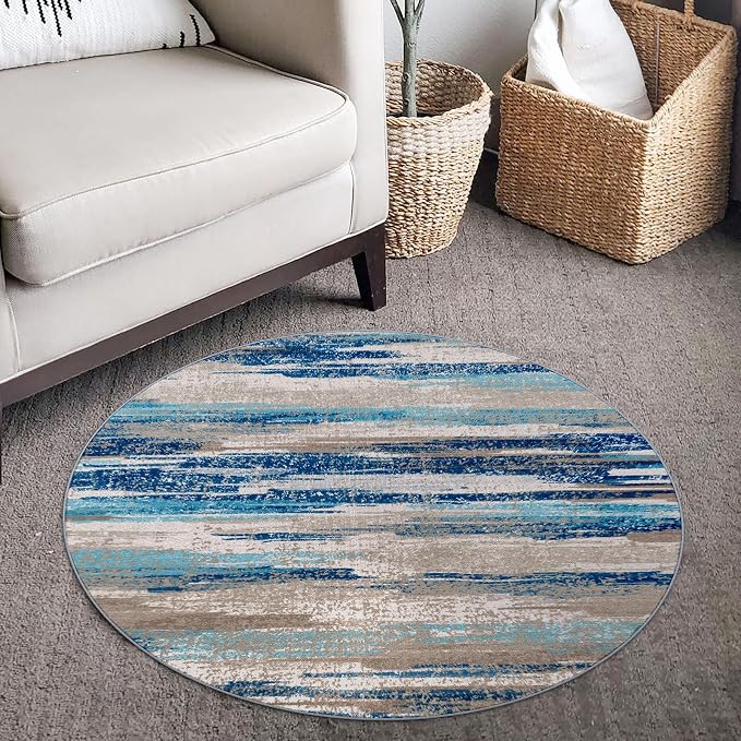Modern Abstract Round Rug 3Ft, Circular Entryway Rugs Thin Print Faux Wool - Image 2