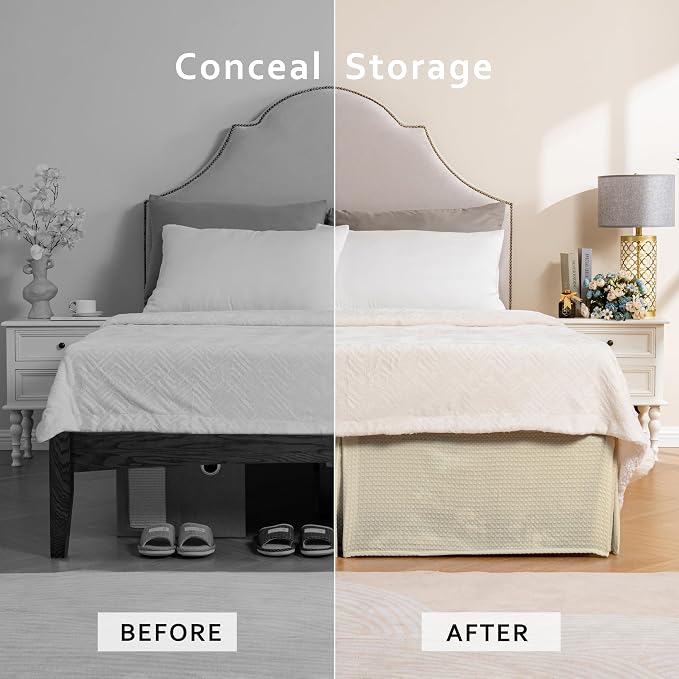 MIYE Pleated Waffle Weave Bed Skirt, Tailored Dust Ruffle 14 Inch Drop Easy Fit - Image 4