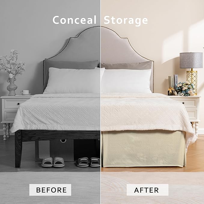 MIYE Pleated Waffle Weave Bed Skirt, Tailored Dust Ruffle 16 Inch Drop Easy Fit - Image 4