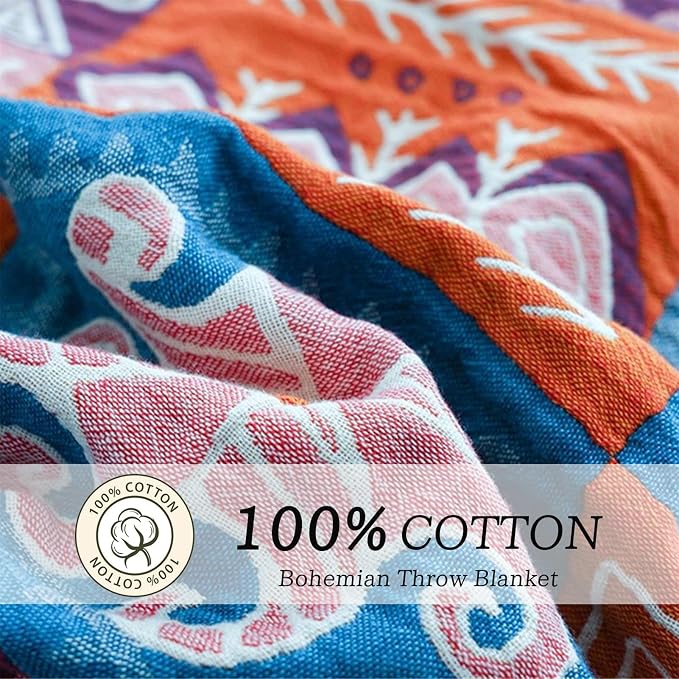 Cotton Throw Boho Blanket for Couch Bed, Cotton Quilted Boho 80''x90'' Muslin - Image 2
