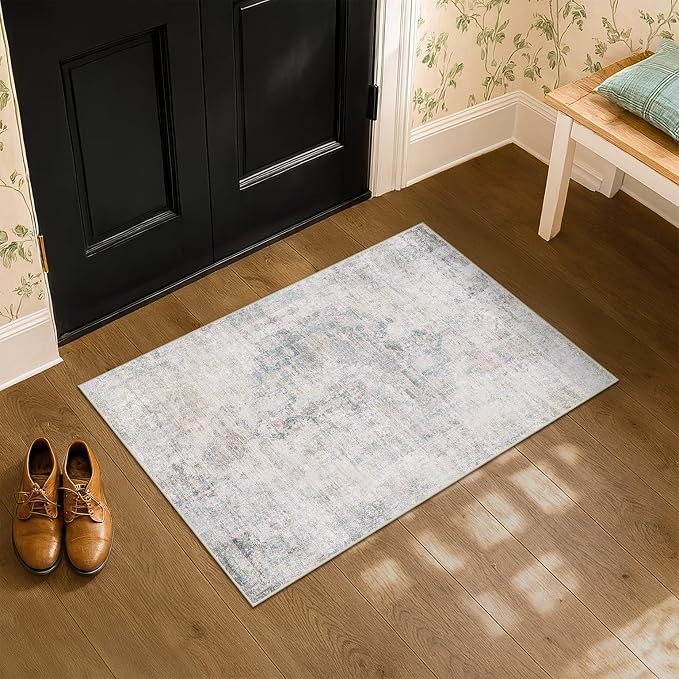 Blue and Gray 2x3 Washable Rug for Entryway Indoor, Kitchen Floor Waterproof by HazoHaus