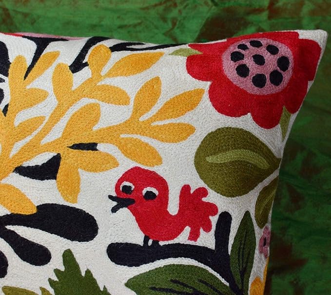 Red Polish Floral Pillow Cover Bird Flower Pillowcase Floral Outdoor Suzani - Image 9