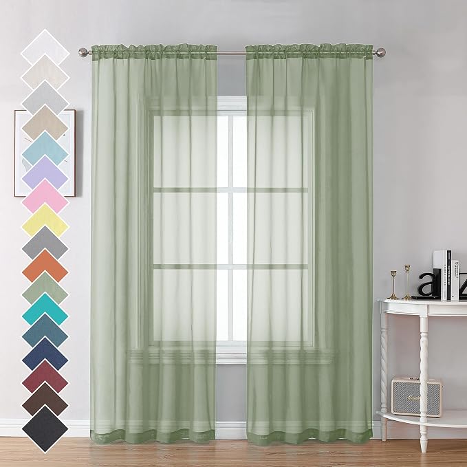 OVZME 2 Panels Sheer Sage Green Curtains 72 Inches Length Window Treatment by OVZME